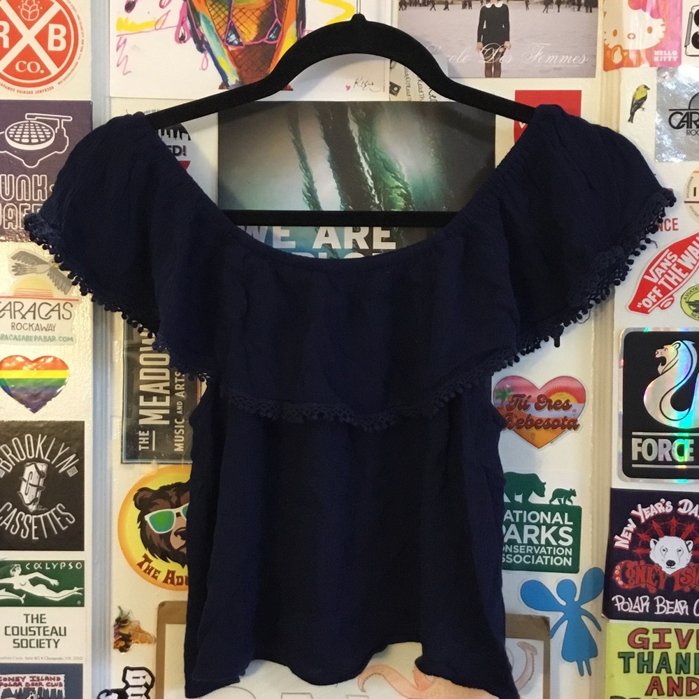 Navy blue crop top off the shoulder blouse